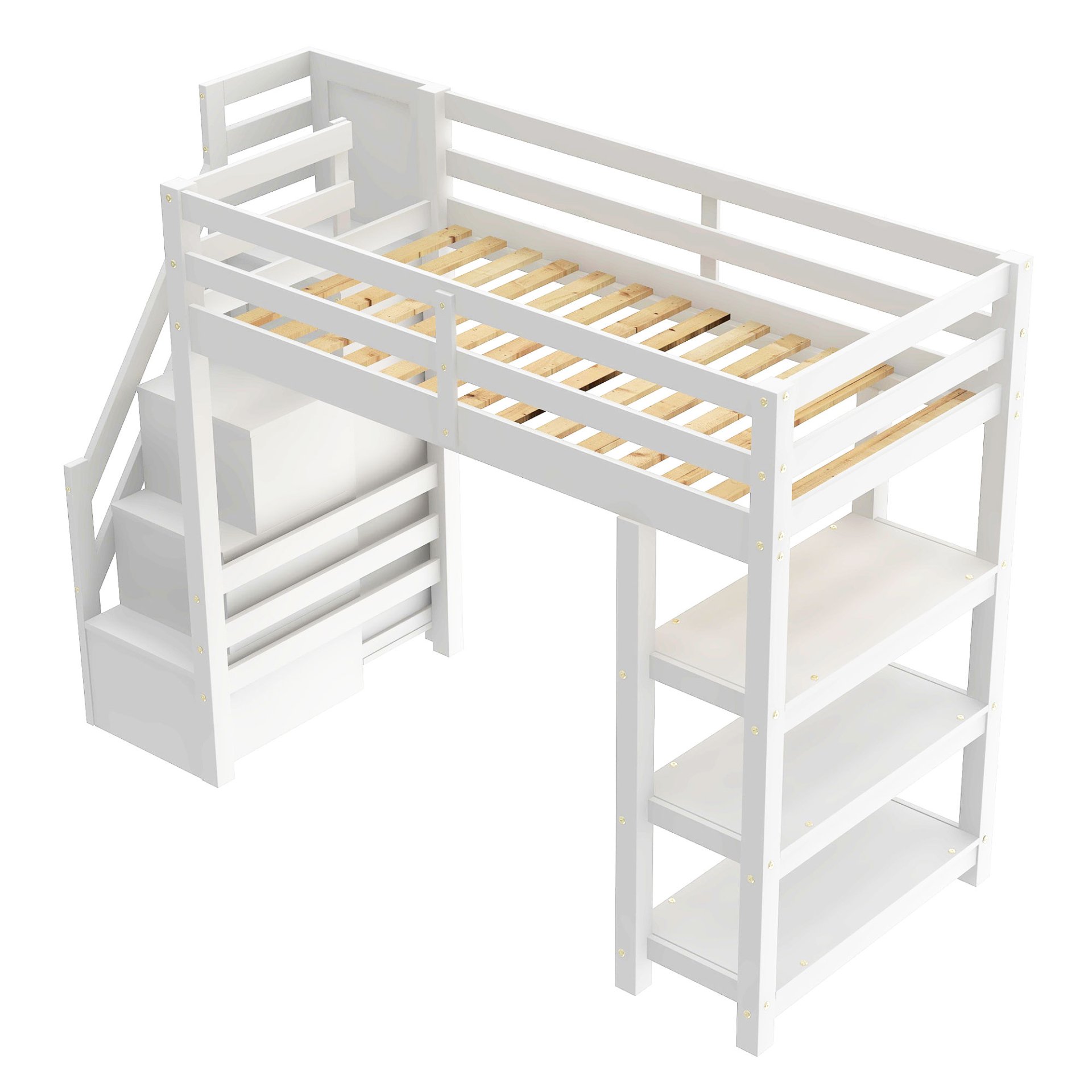 Twin Size Loft Bed With 4 Layer Shelves, Storage Staircase, Small Wardrobe And LED Light - White - Image 9