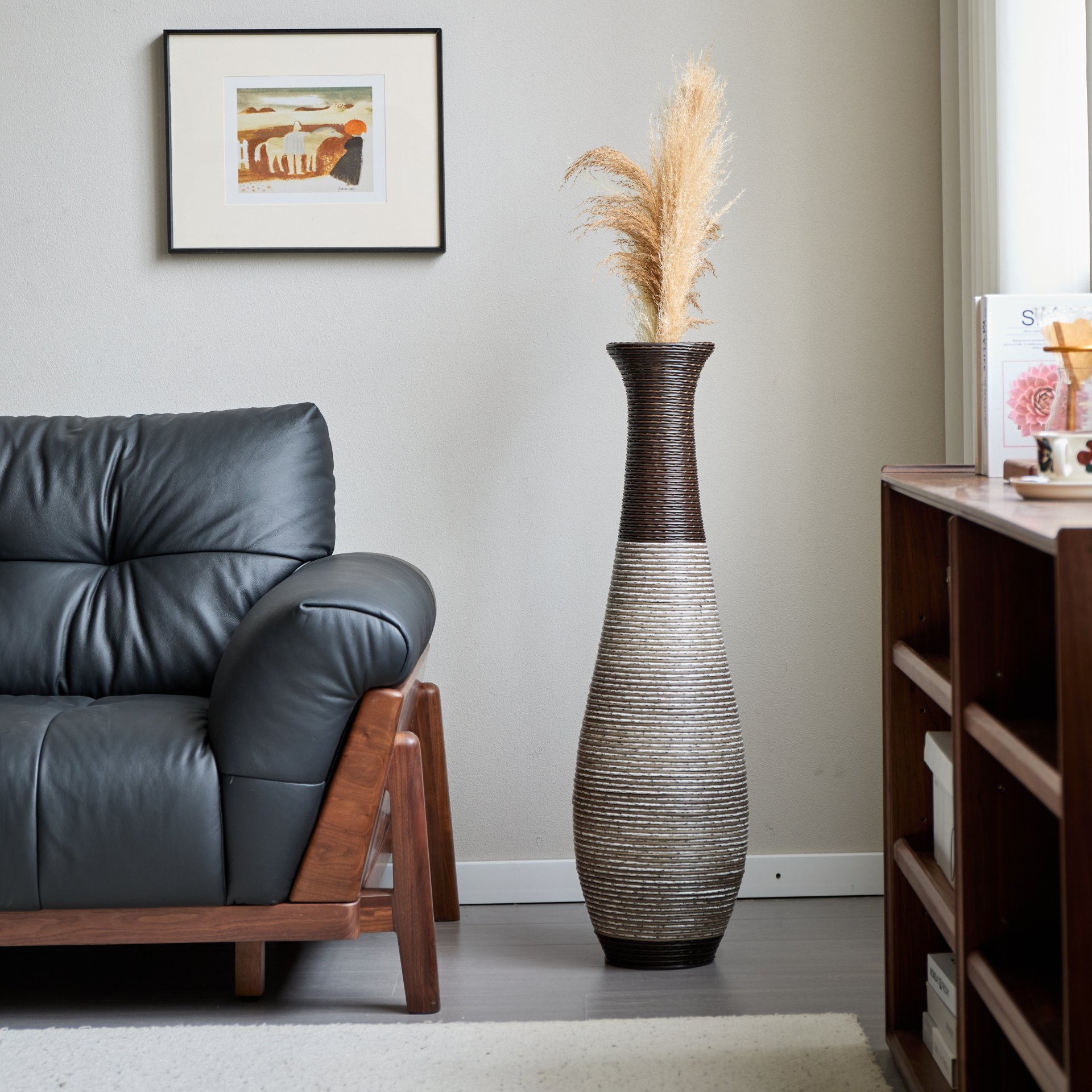 Tall Standing Designer Floor Vase Durable Artificial Rattan Elegant 2 Tone Finish Ideal Decor Accent For Living Room, Bedroom, Entryway Stylish Home Decor Statement Piece - Black / Gray - Image 2