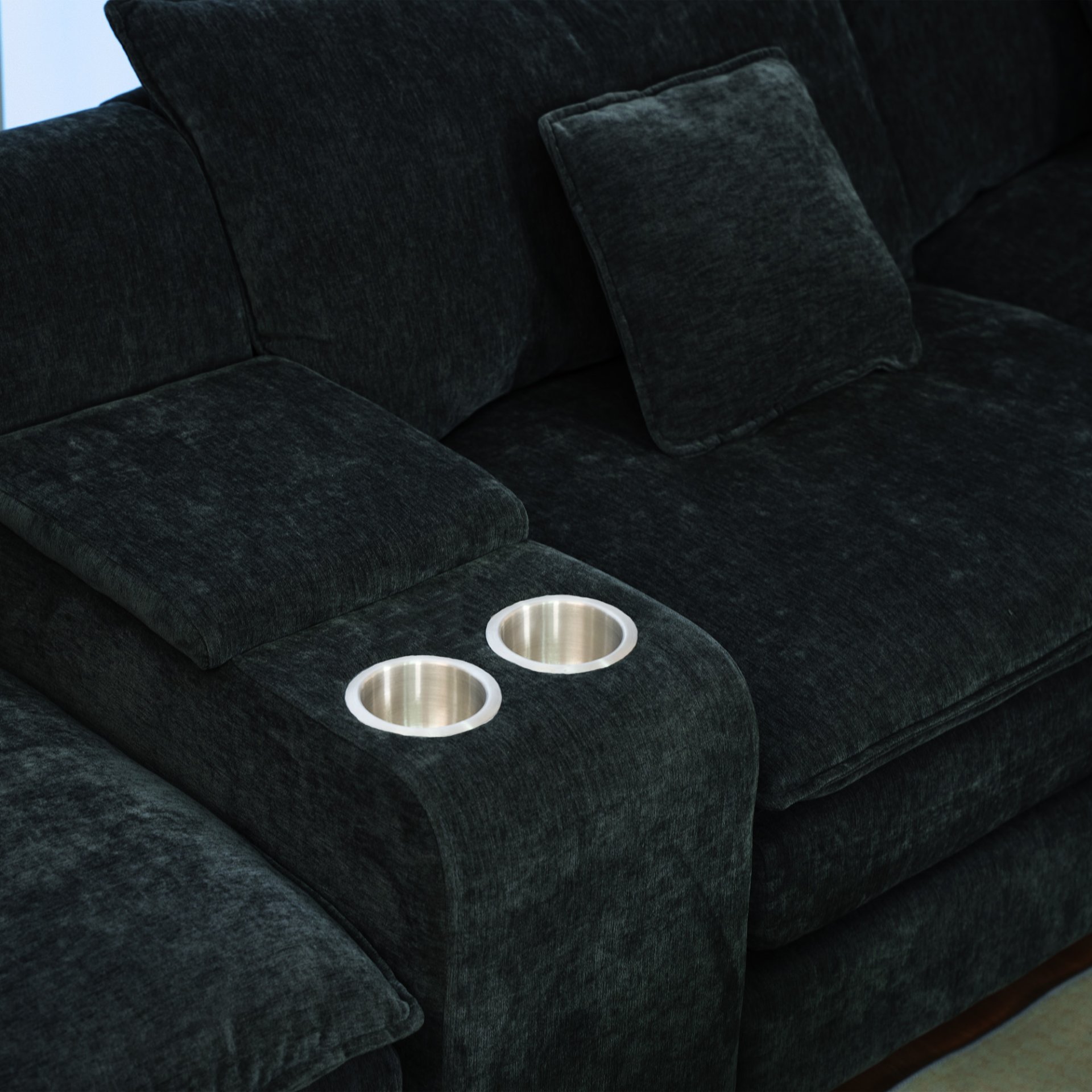 U Shaped Sectional Cloud Couch For Living Room, Fluffy Modular Sofa With Movable Ottoman 6 Seat Sectional Sofa Set With Console, Cup Holders - Black - Image 10