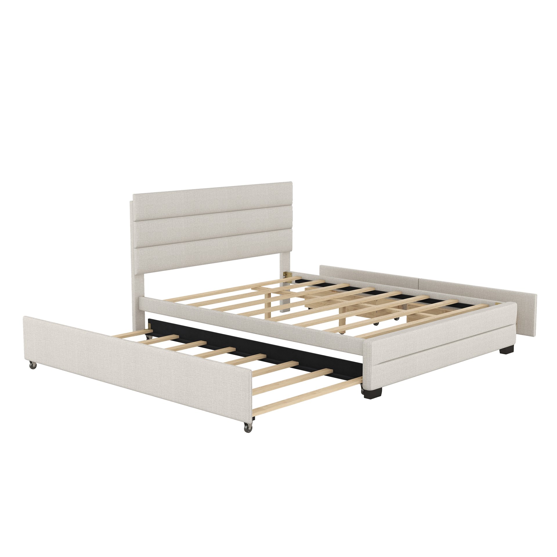 Queen Platform Bed With Twin Trundle And 2 Storage Drawers - Beige - Image 12