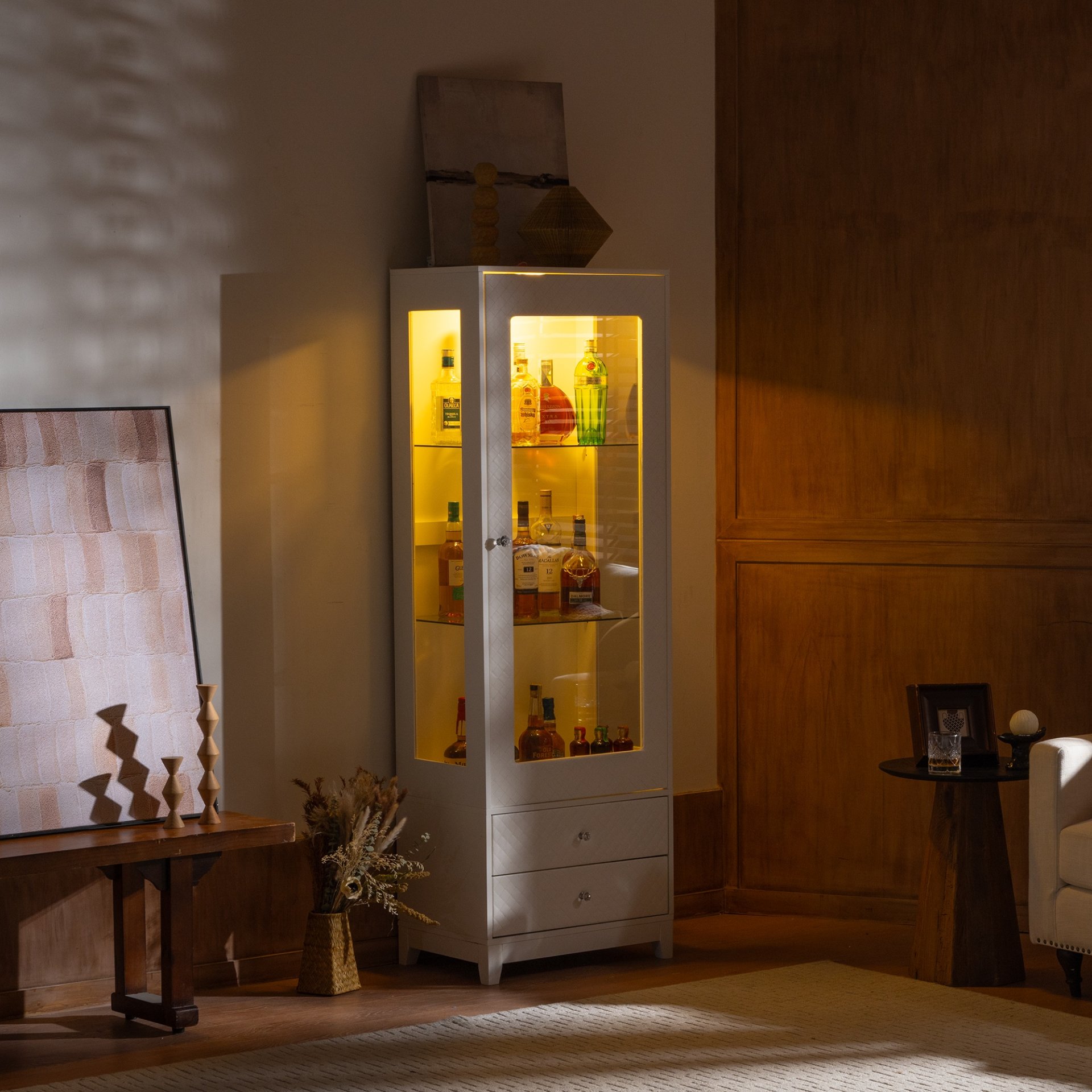Modern Upholstered Glass Display Cabinet With Adjustable LED Light - White - Image 2