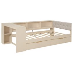 Upholstered Headboard Twin Size Platform Bed With Storage Shelves, Drawers, Charging Station - Cream