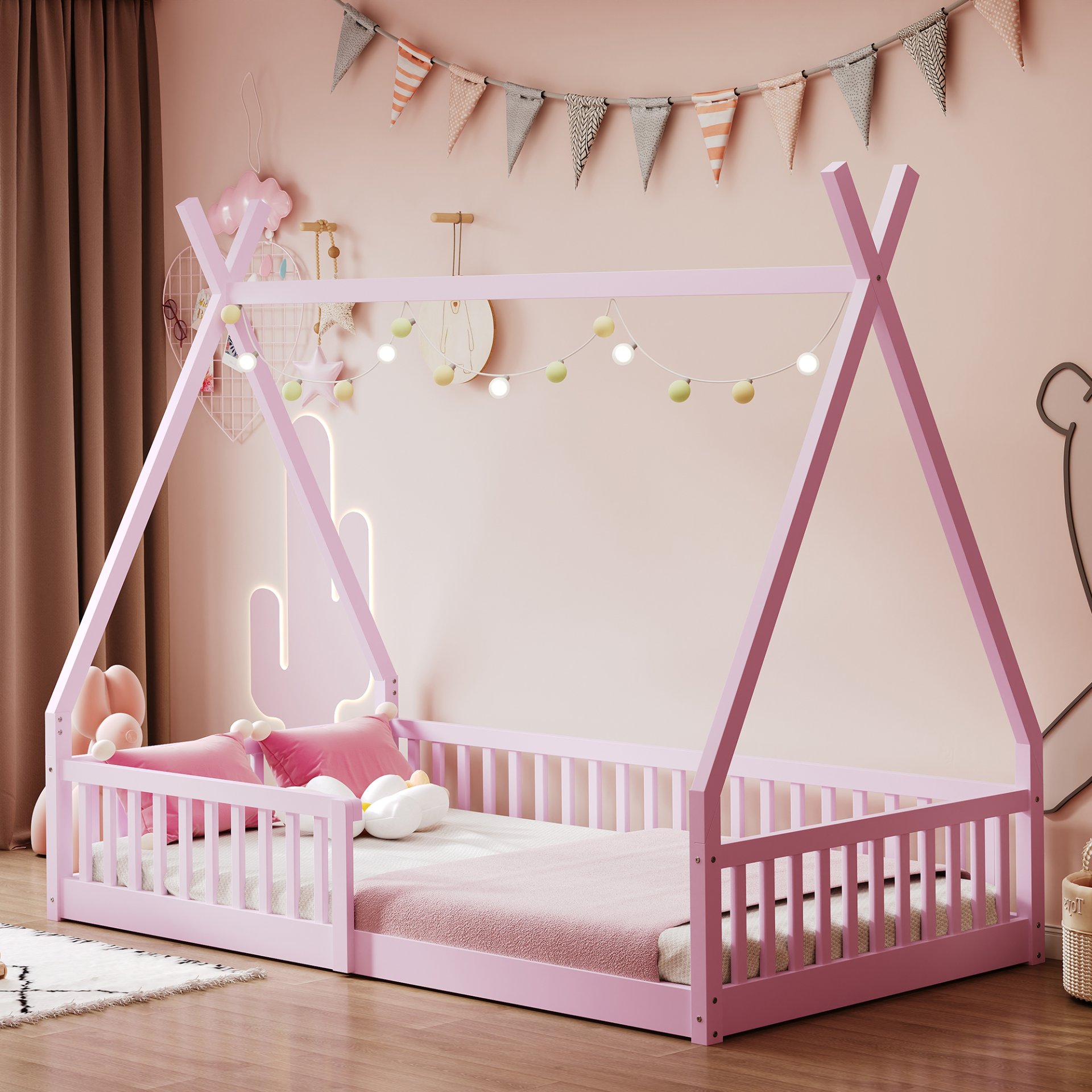 Twin Size House Bed With Fence - Pink - Image 4