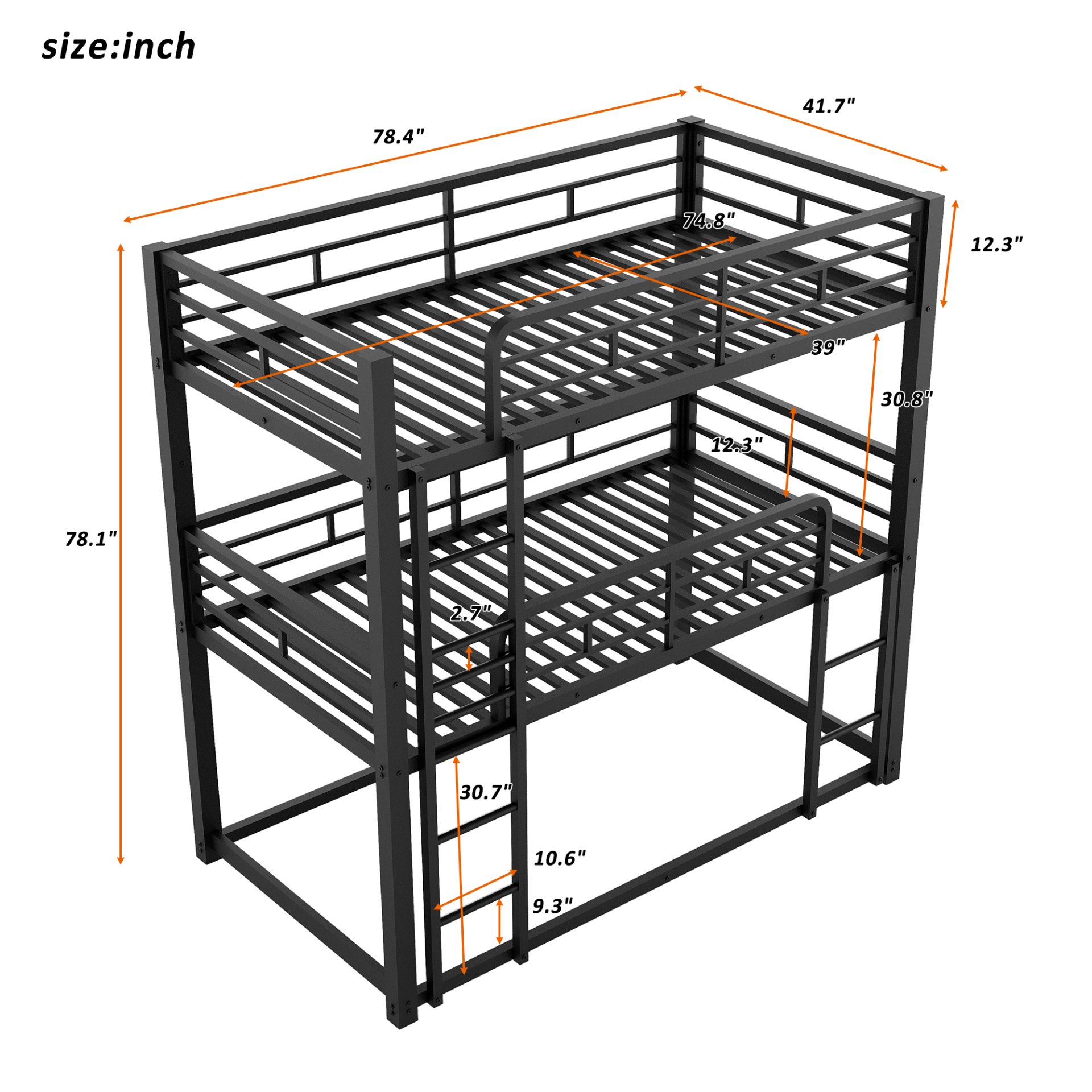 Twin Size Triple Bunk Bed Sturdy 3 Bed Stack With Dual Ladders, Heavy Duty Steel Frame, Space Saving Design - Black - Image 3