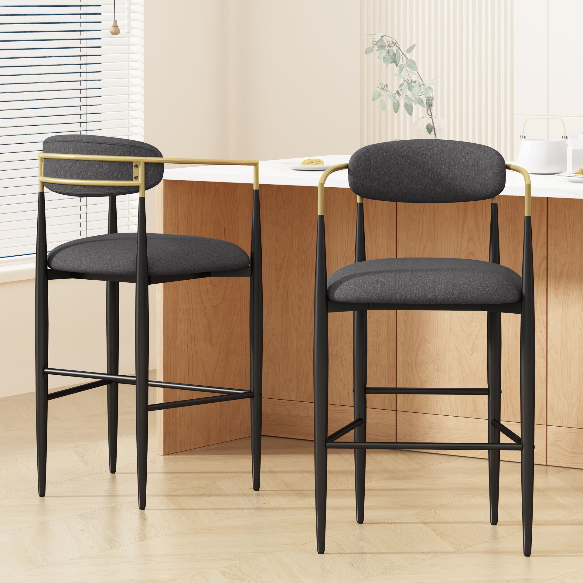 Upholstered Bar Stools With Backs For Kitchen Island (Set of 2) - Charcoal - Image 2