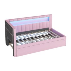 Twin Upholstered Platform Bed With USB Ports And LED Belt, Includes Trundle - Pink