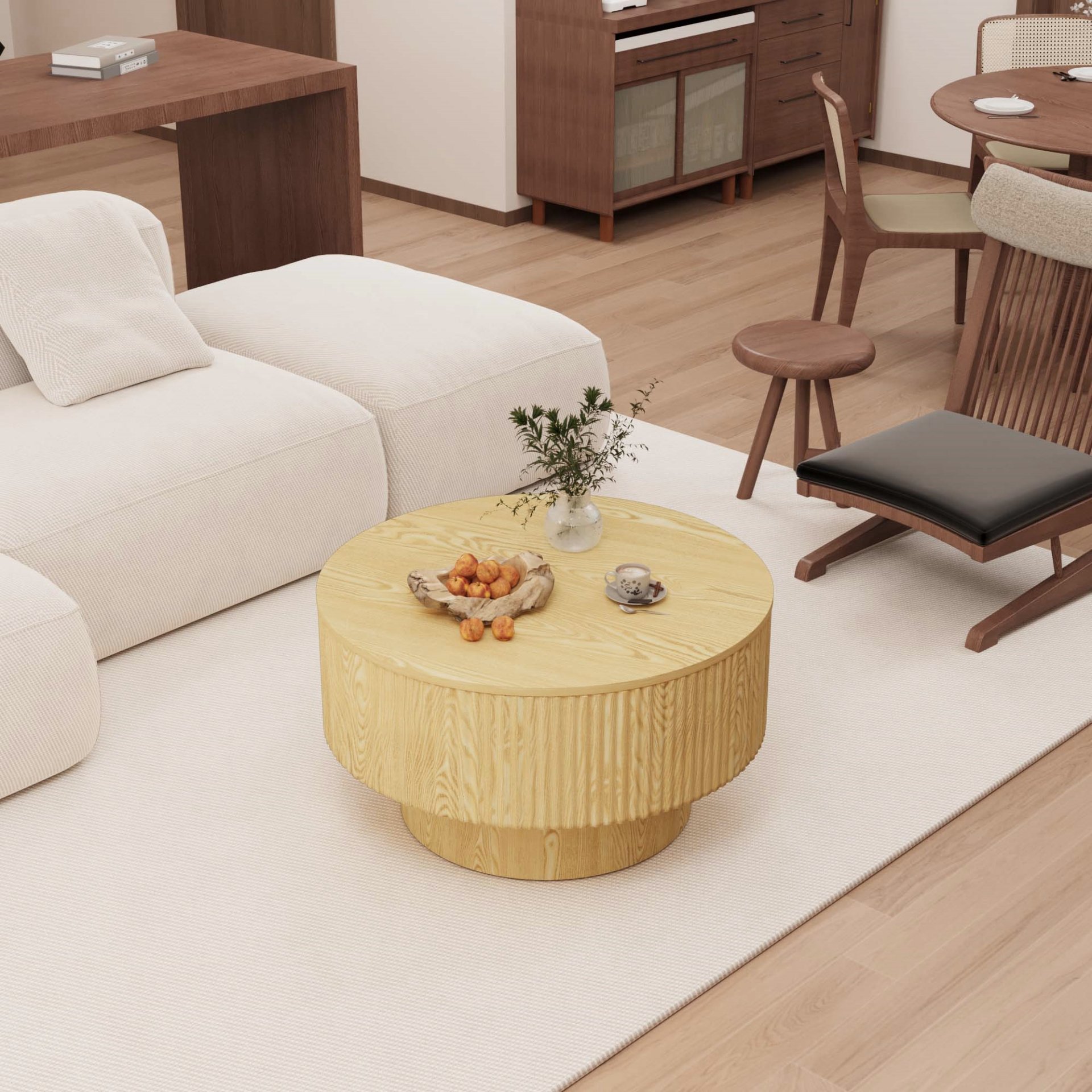 Circular Coffee Table With Stripe Design And Storage Space - Natural Wood - Image 4