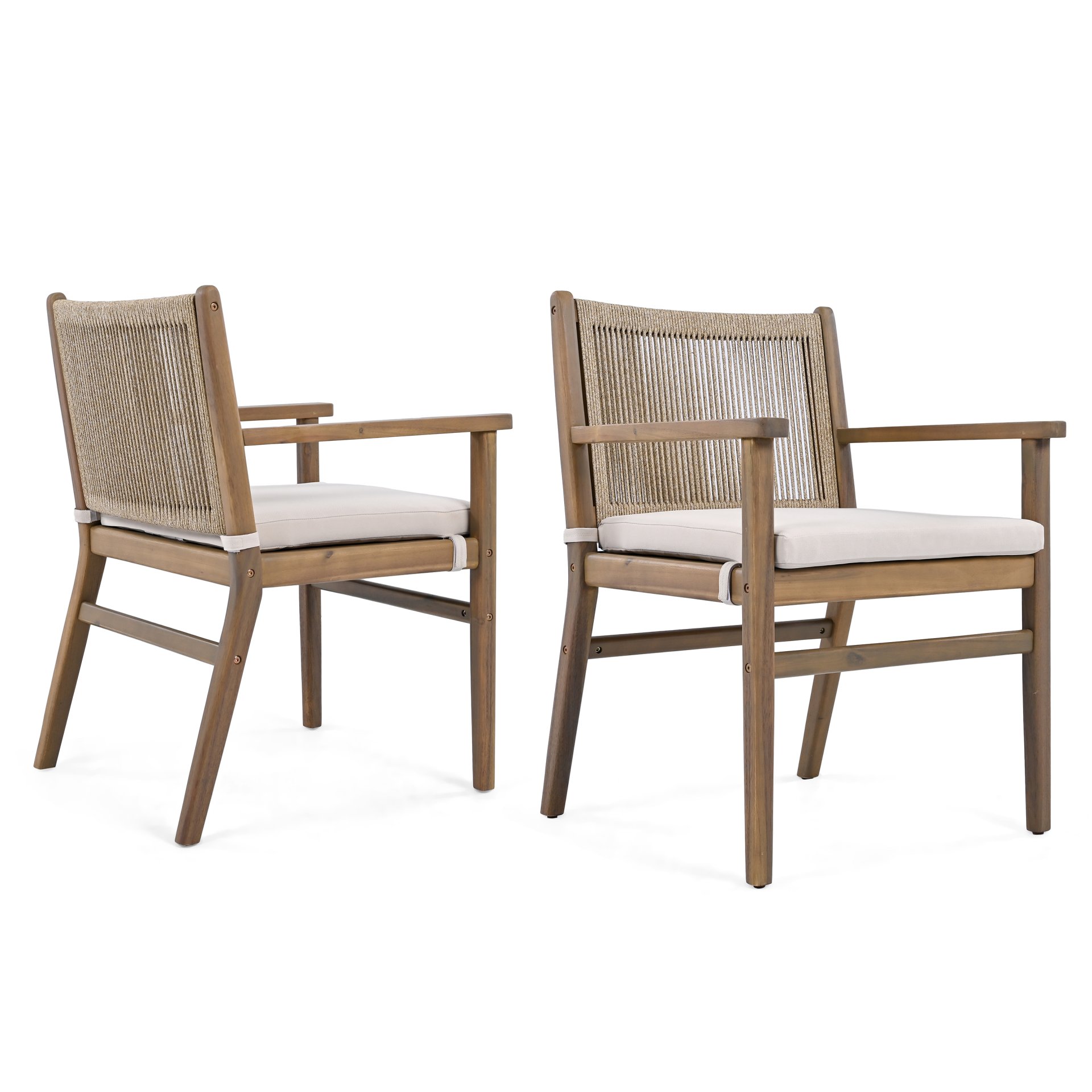 Outdoor Dining Chairs, Patio Armchair With Rope Design Back (Set of 2) - Light Brown - Image 6