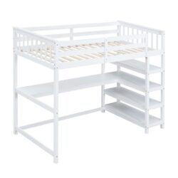 Twin Size Loft Bed With Storage Shelves And Under Bed Desk - White