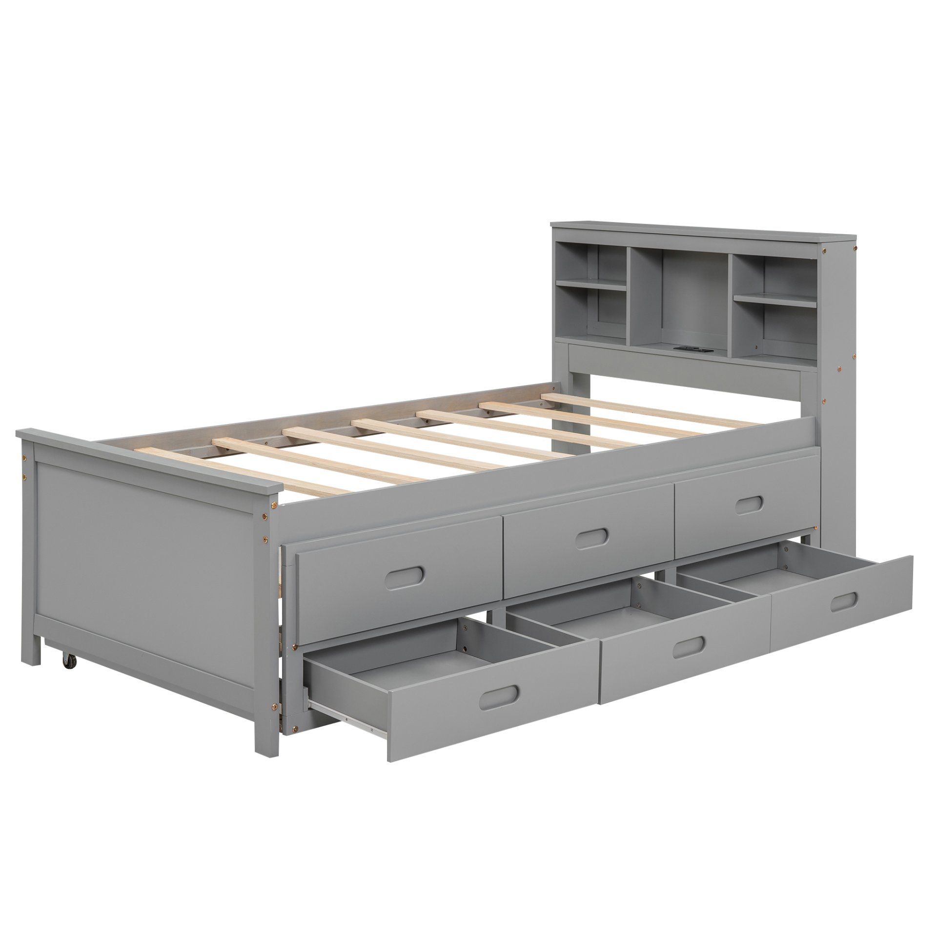 Twin Size Platform Bed With Storage Headboard, USB, Trundle And 3 Drawers - Gray - Image 15