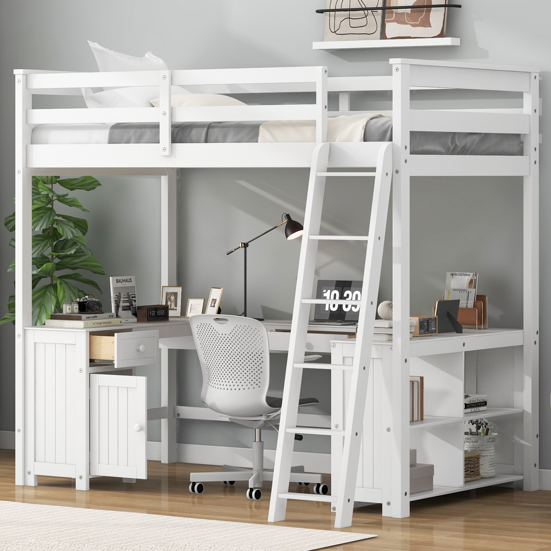 Full Size Loft Bed With U-Shaped Desk, Drawers, And Storage Shelves - White - Image 4