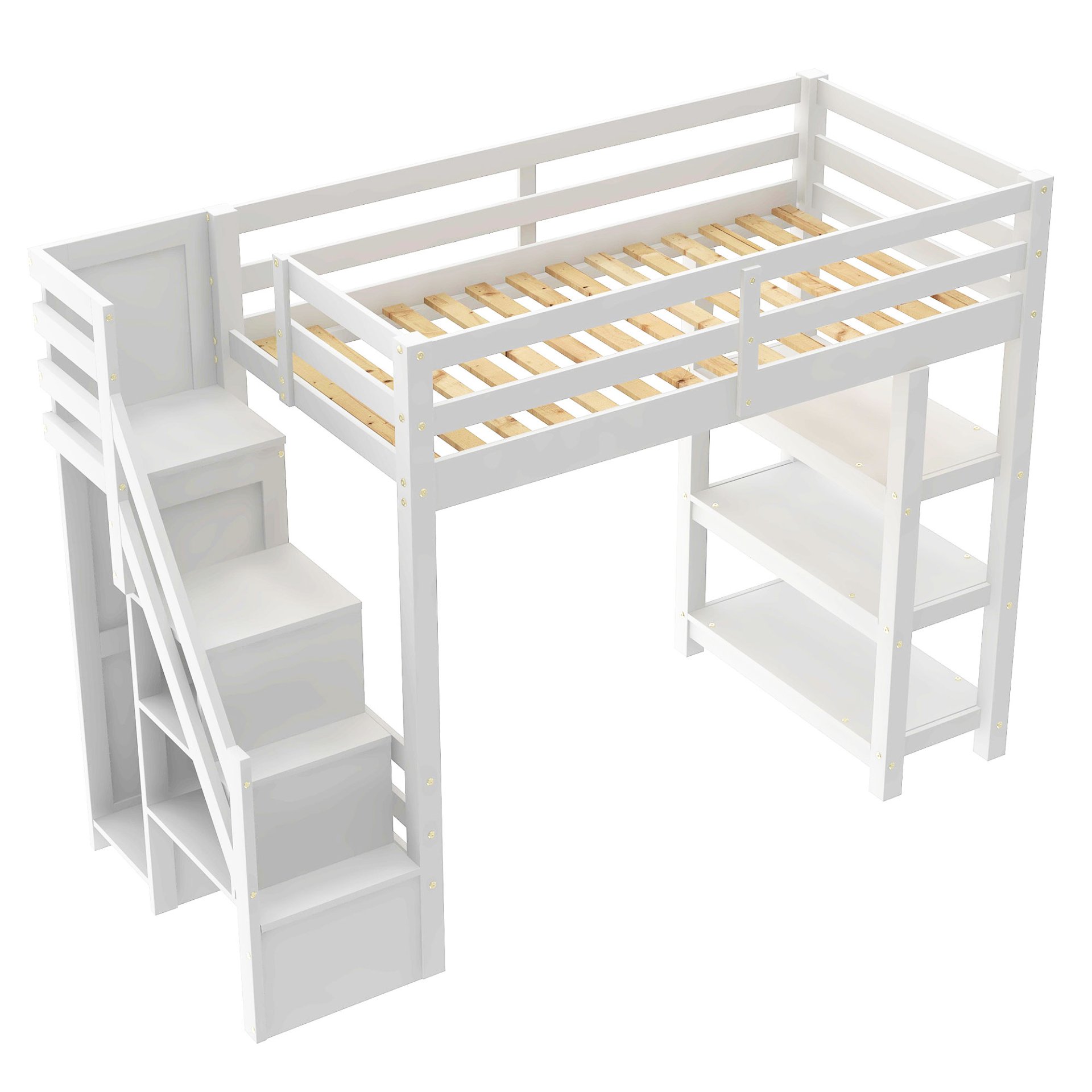 Twin Size Loft Bed With 4 Layer Shelves, Storage Staircase, Small Wardrobe And LED Light - White - Image 8