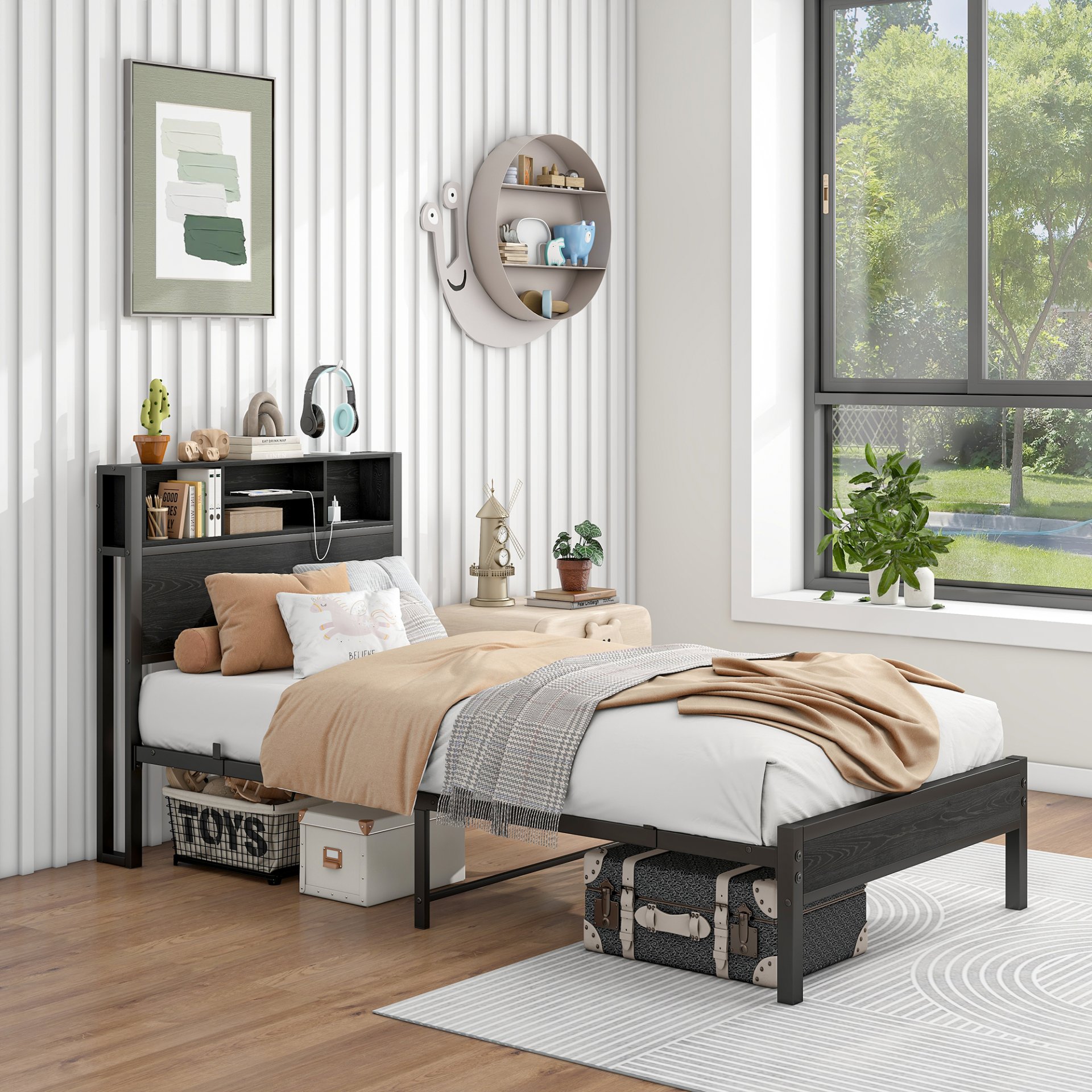 Twin Size Metal Platform Bed Frame With Storage Headboard And Charging Station - Black - Image 9
