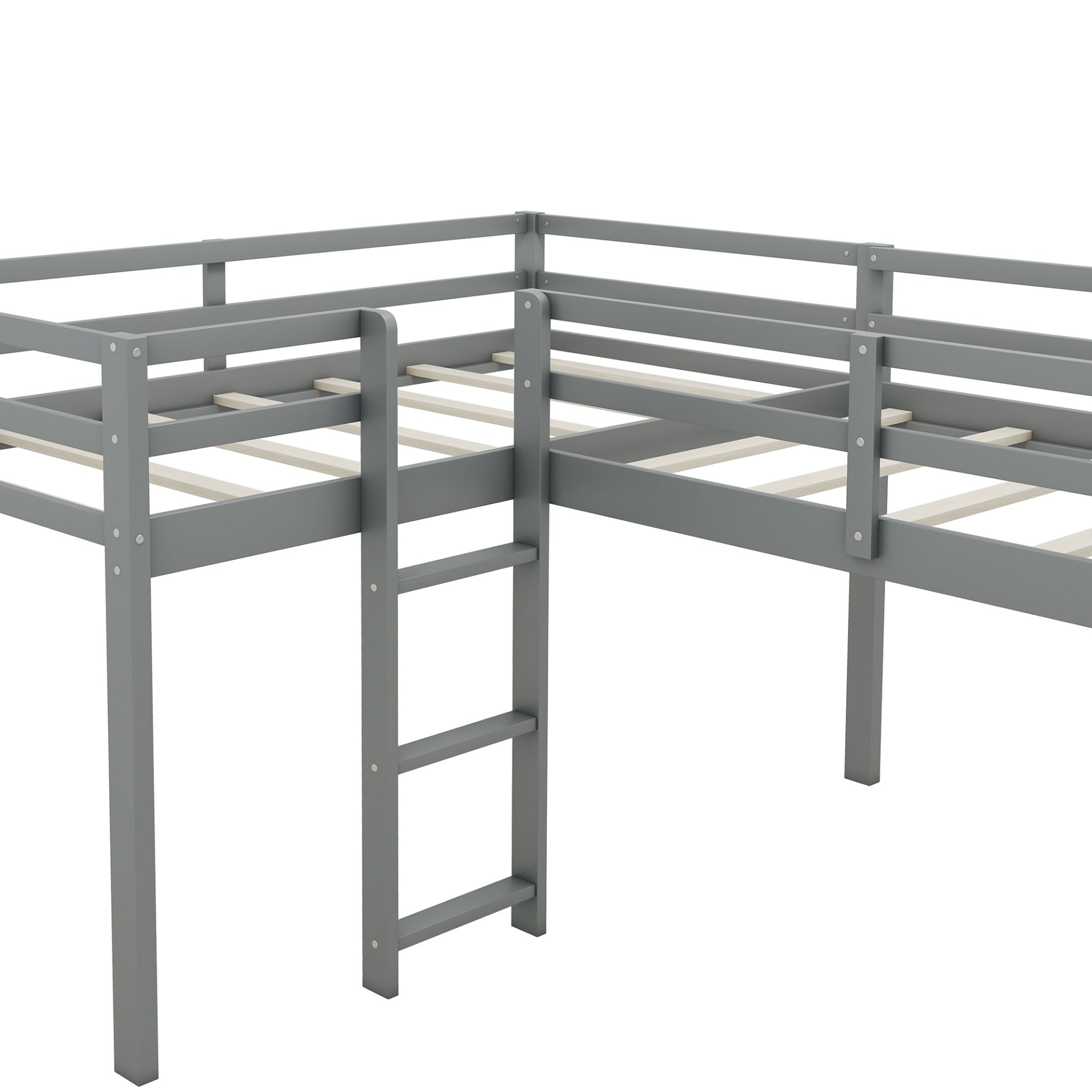 L-Shaped Twin Size Loft Bed With Ladder And Slide - Gray - Image 12