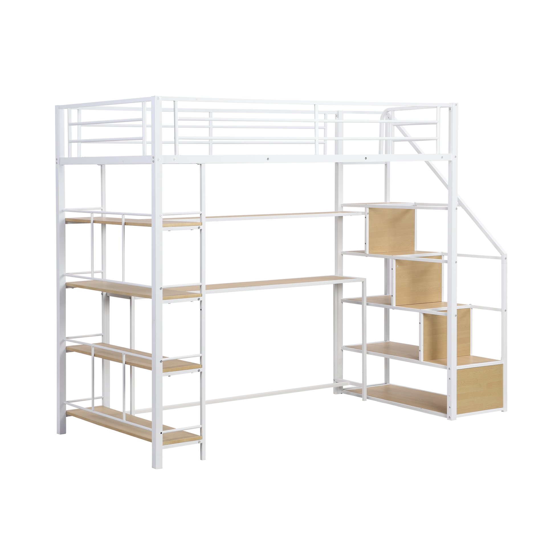 Twin Size Loft Bed With Built In Desk, Staircase Storage & 4 Tier Shelves - White - Image 12
