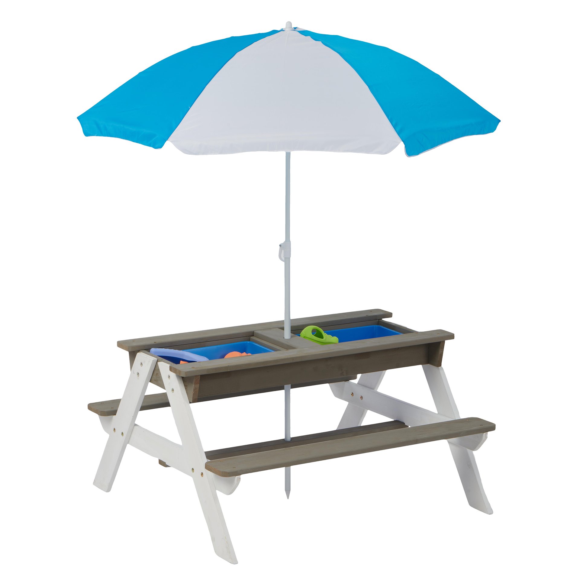 Wooden Kids Picnic Table, Sand And Water Table With Umbrella, Activity Table For Outdoor Backyard Patio Play - White / Gray - Image 8
