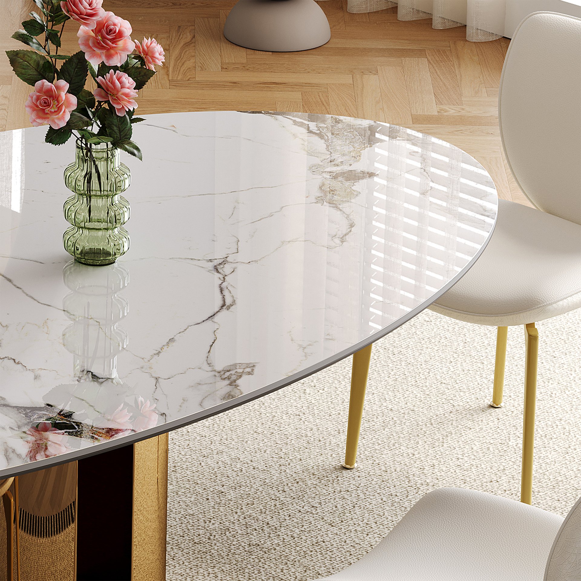 Oval Sintered Stone Dining Table With 4 Chairs - Brown / White - Image 12