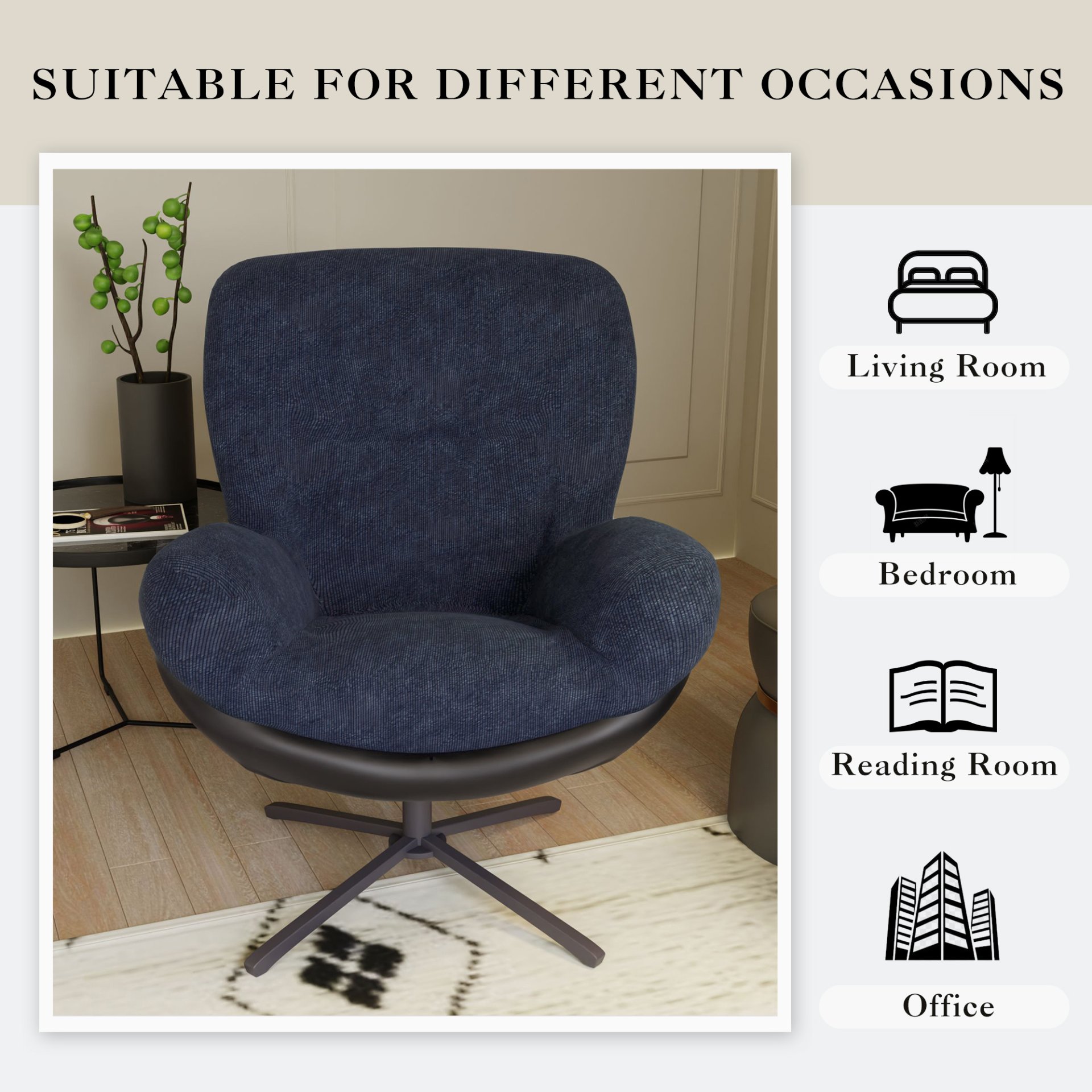 360° Swivel Office Chair, Modern Chenille Chair With And Metal Base Frame, No Wheels, Accent Chair - Dark Blue - Image 9