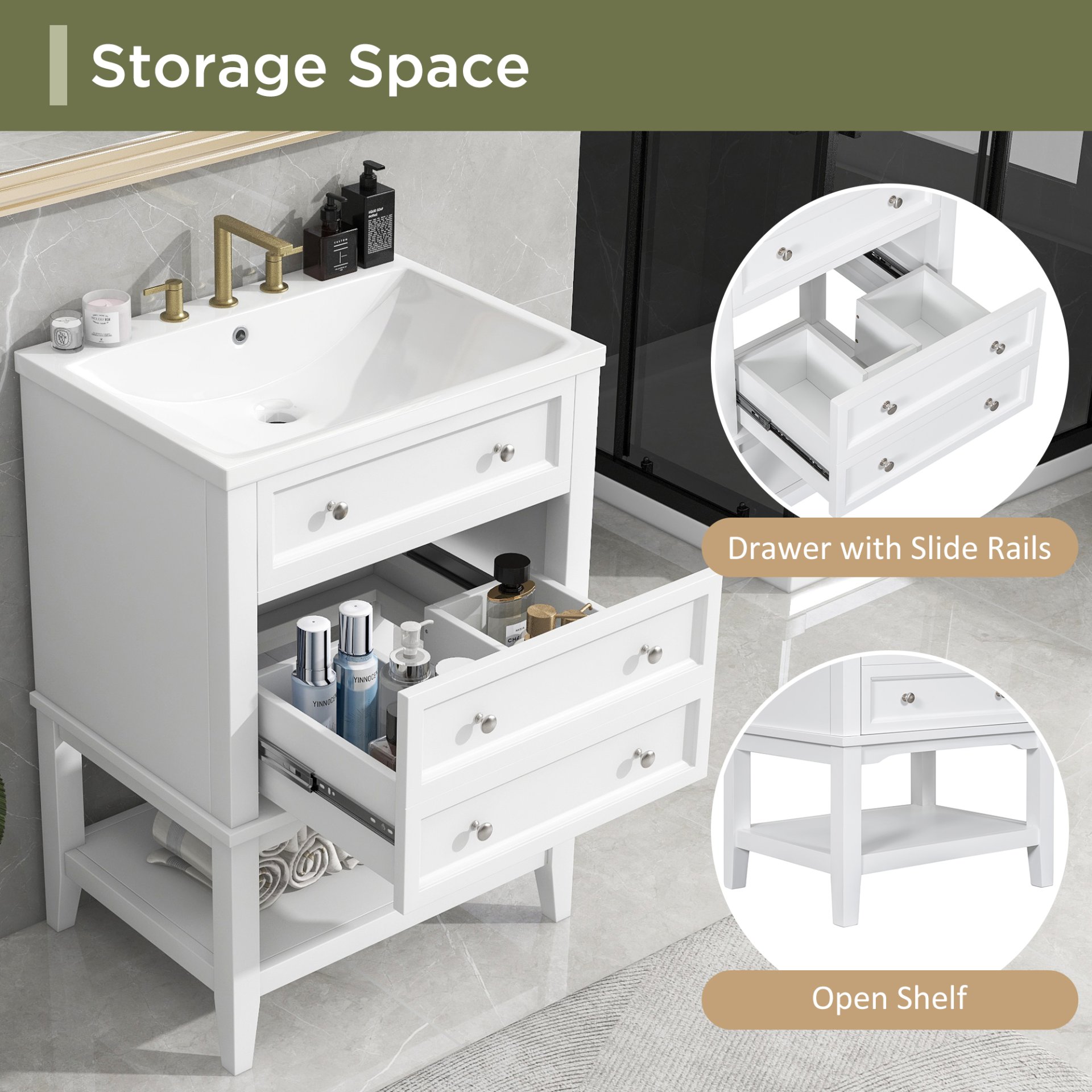 24" Bathroom Vanity Without Sink, Base Only, Storage Cabinet With Drawer And Open Shelf - White - Image 17