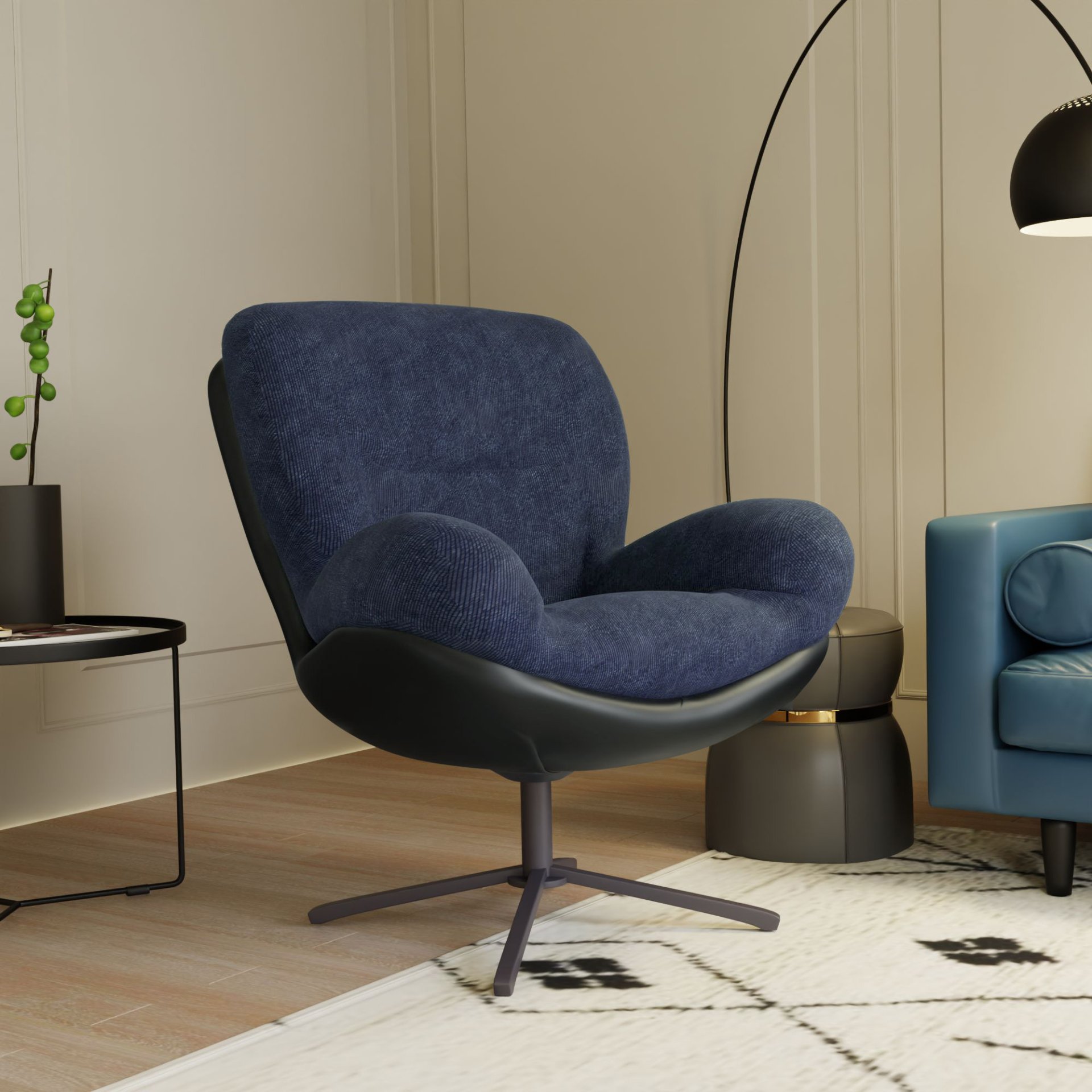 360° Swivel Office Chair, Modern Chenille Chair With And Metal Base Frame, No Wheels, Accent Chair - Dark Blue - Image 3