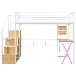 Full Size Loft Bed With Built In Work Station, Wardrobe, Storage Staircase And LED - White