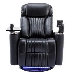 270 Degree Power Swivel Recliner Home Theater Chair With Hidden Arm Storage, LED Light, Cup Holder, And Tray Table - Black