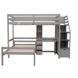 Twin Size Loft Bed With Stand Alone Bunk, Storage Staircase, Desk, Shelves, And Drawers - Gray