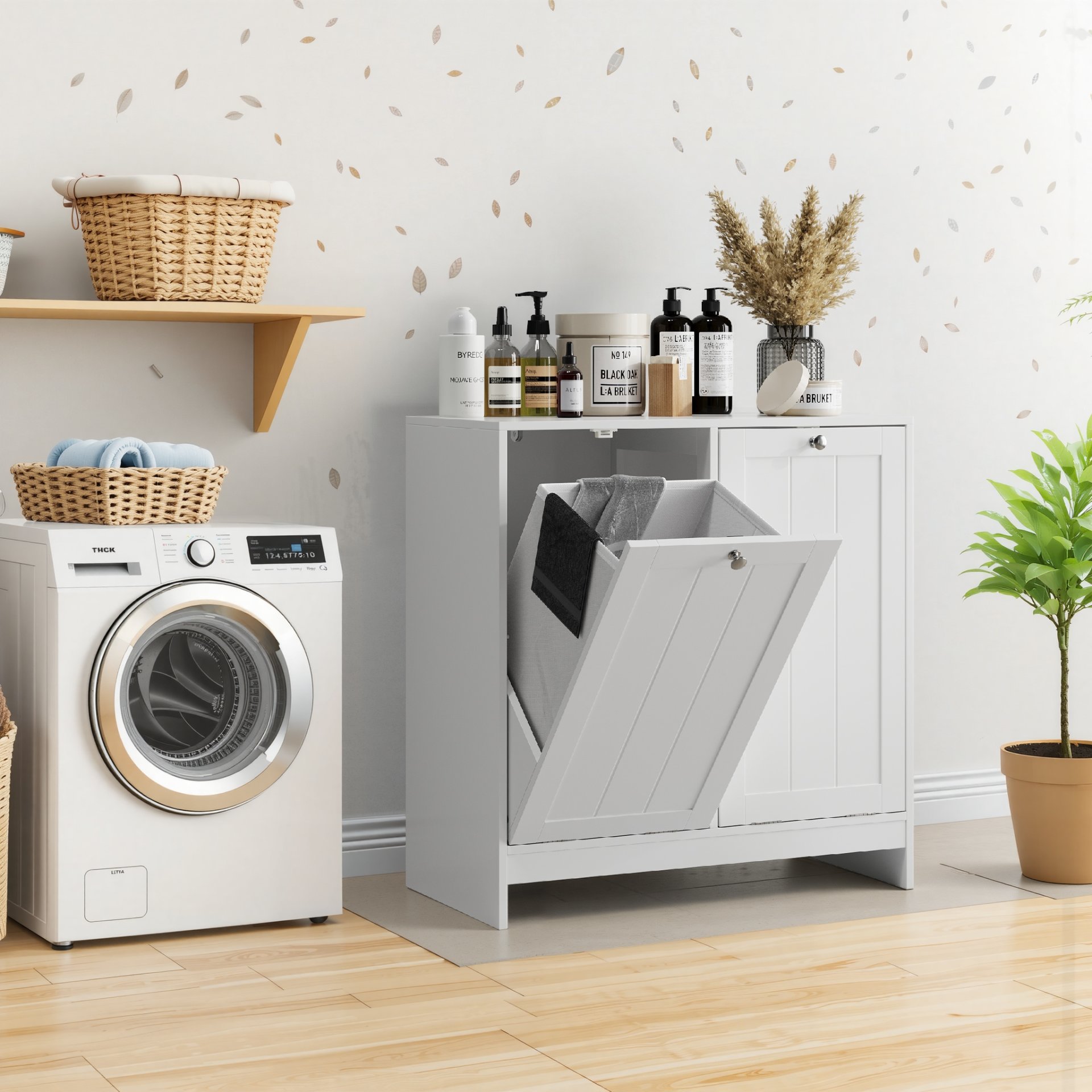 Tilted Laundry Hamper With Removable Basket, Hidden Laundry Hamper, Bathroom Storage Cabinet, Free Standing Organizer - White - Image 5