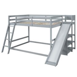 Full Over Full Bunk Bed With Ladder, Slide, And Shelves - Gray