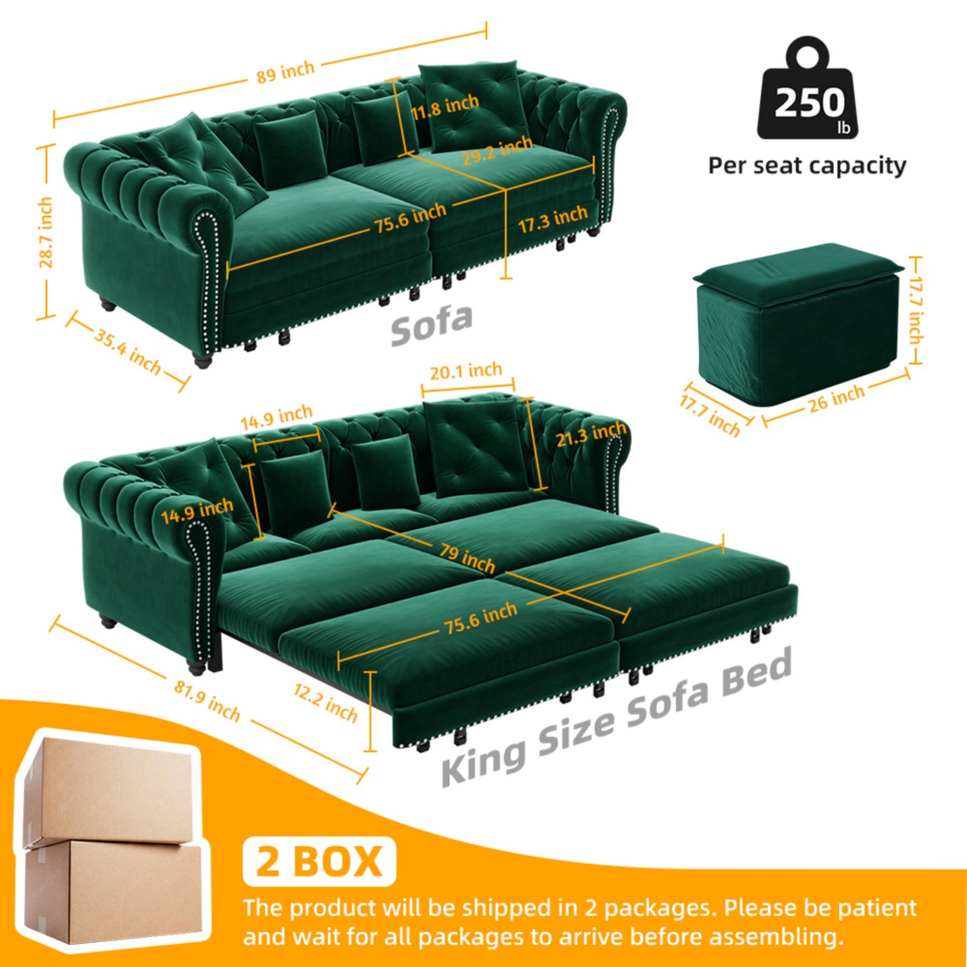 3 In 1 Pull Out Sofa Bed, Convertible Sleeper Sofa Bed, 3 Seater Sofa With Movable Ottoman - Green - Image 3