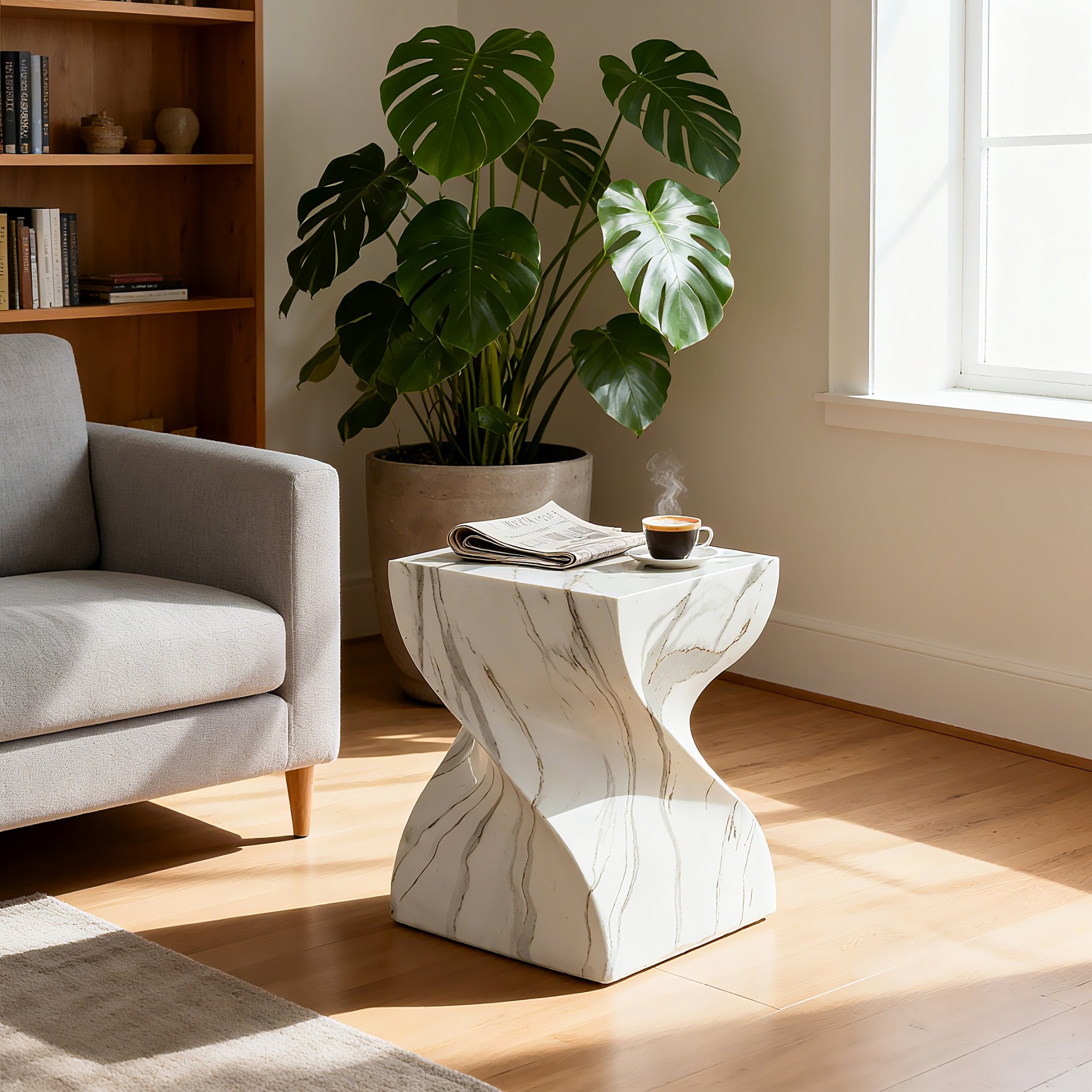 Outdoor End Table, Round Side Table For Patio And Garden - Marble - Image 2