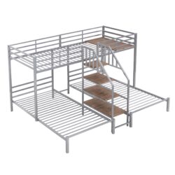 Twin Over Twin & Twin Bunk Bed With Storage Shelves And Staircase, 3 Deck Design - Silver
