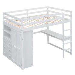 Full Size Loft Bed With Built In Wardrobe, Desk, Shelves, And Drawers - White