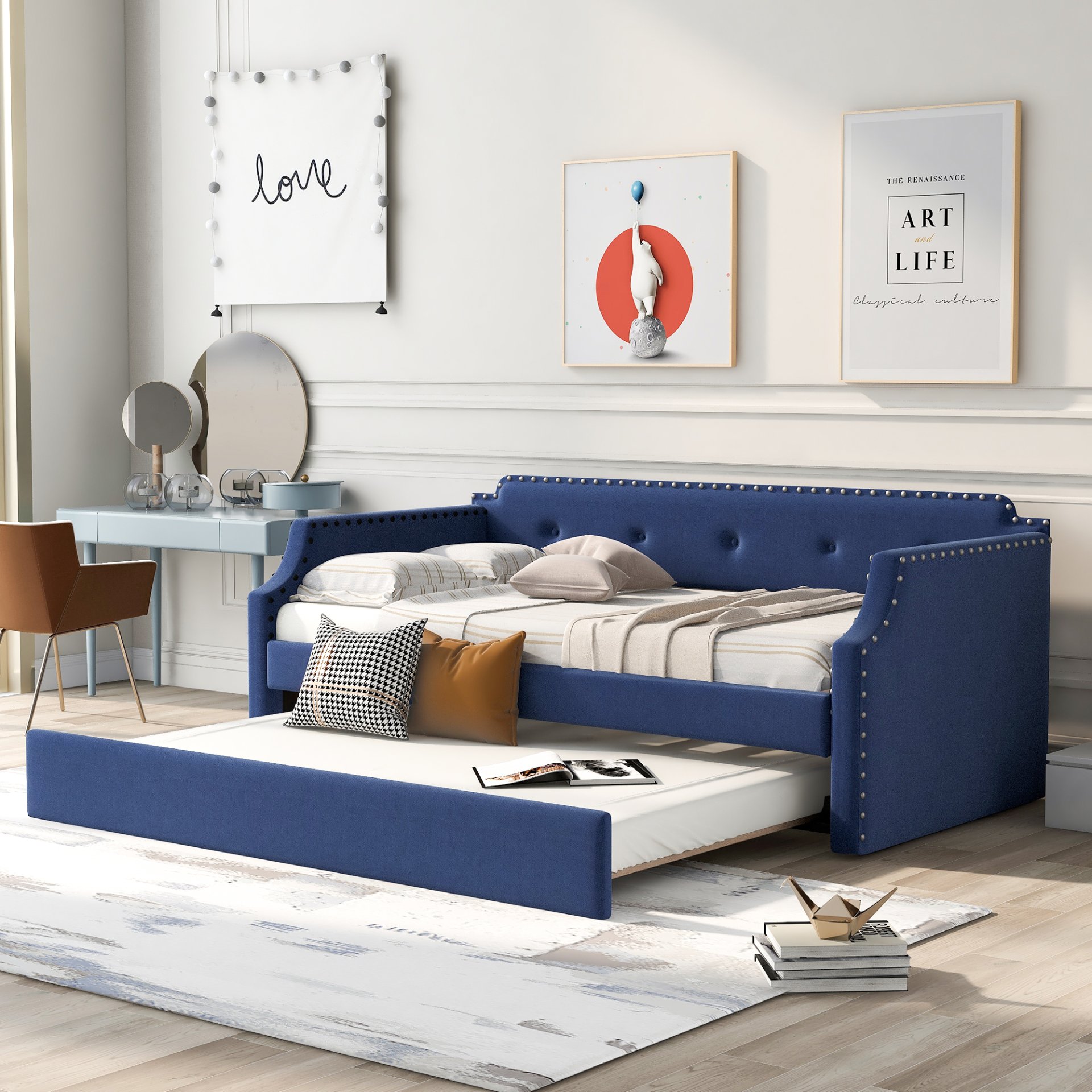 Upholstered Daybed With Trundle, Twin, Slat Support - Blue - Image 2