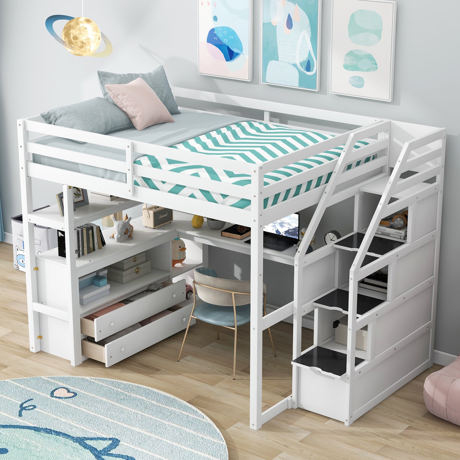 Full Size Loft Bed With Desk, Shelves, 2 Drawers, Storage Staircase - White - Image 5