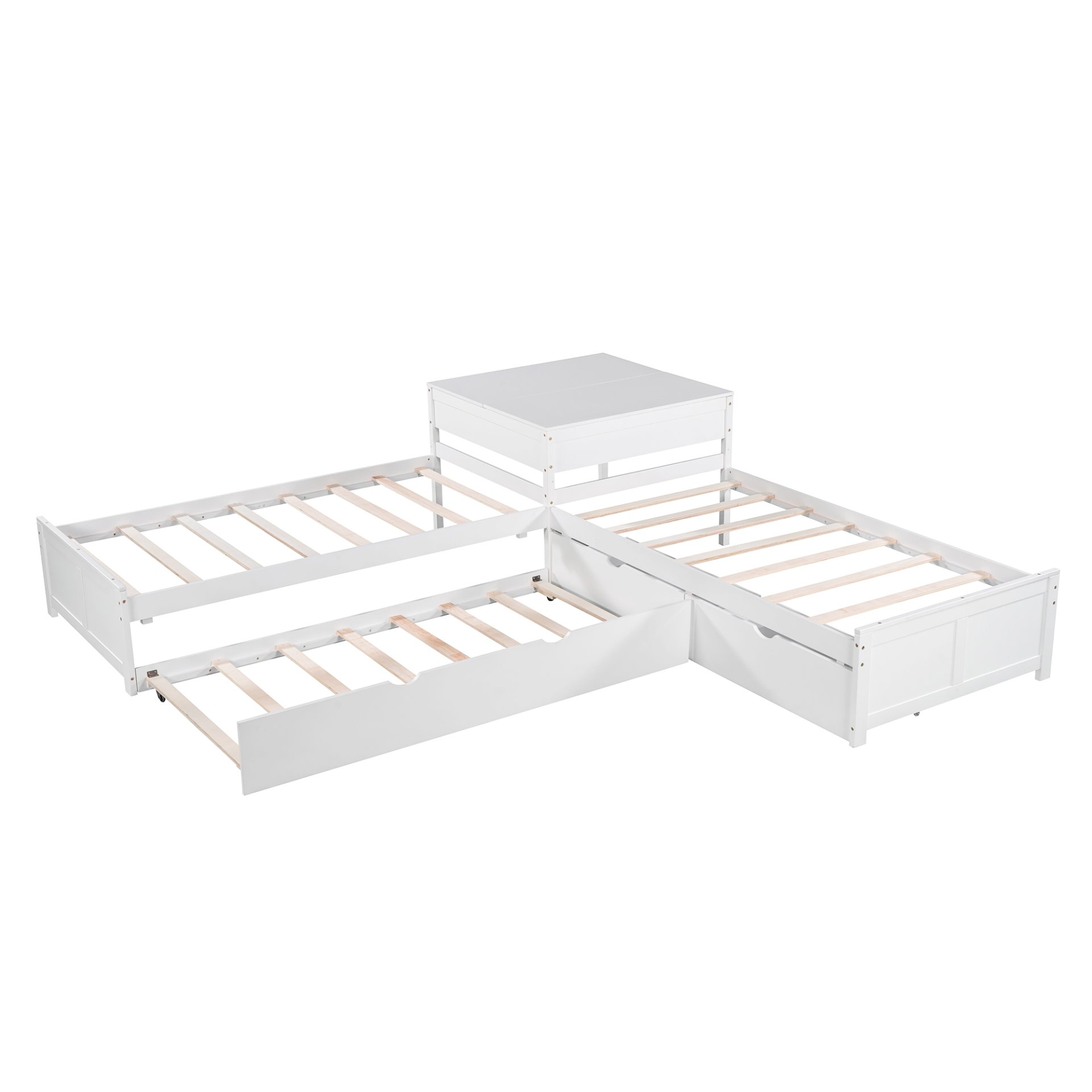 L-Shaped Platform Bed With Trundle And Drawers Linked With Built In Desk, Twin - White - Image 7