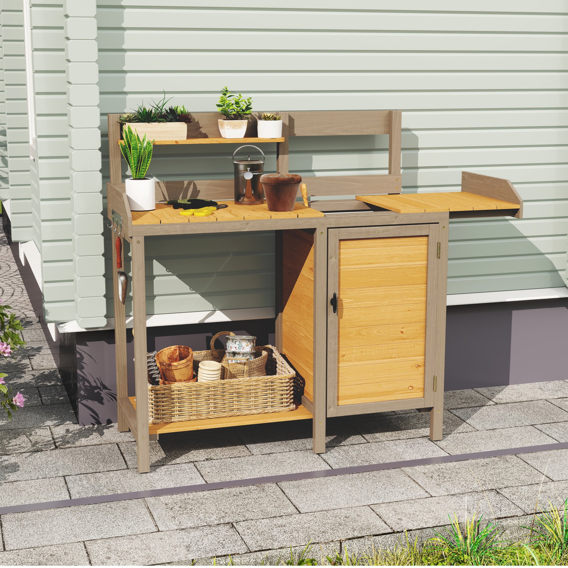 Outdoor Potting - Bench, Workstation Table With Cabinet For Backyard Garden Supplies - Brown / Gray - Image 9