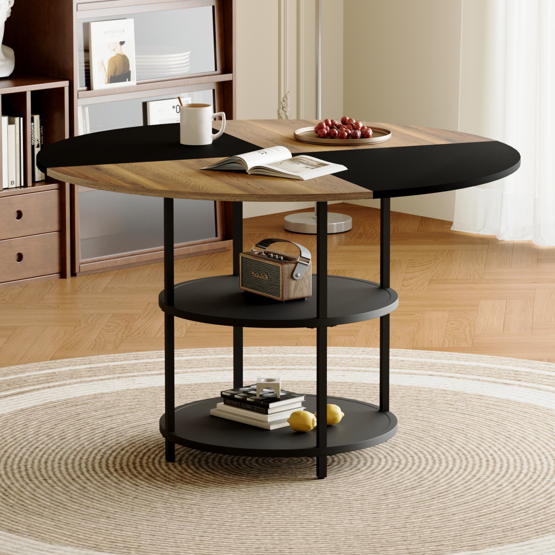 Diameter - Modern Splicing Circular Dining Table Double Layer Storage - Wood / Black - Image 5