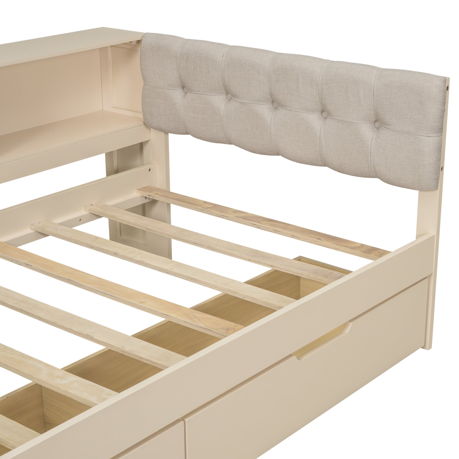Upholstered Headboard Twin Size Platform Bed With Storage Shelves, Drawers, Charging Station - Cream - Image 9
