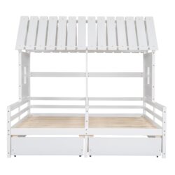 Twin Size House Platform Beds With 2 Drawers, Side By Side Design For Shared Bedrooms - White