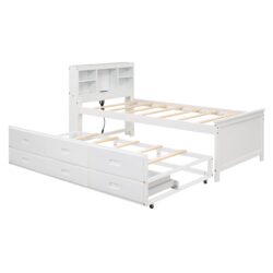 Twin Size Platform Bed With Storage Headboard, USB, Trundle And 3 Drawers - White