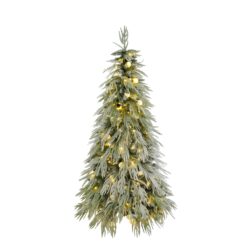 5Ft Pre Lit Spruce Snow Flocked Christmas Tree With LED Lights, Artificial Hinged Xmas Tree - White / Green