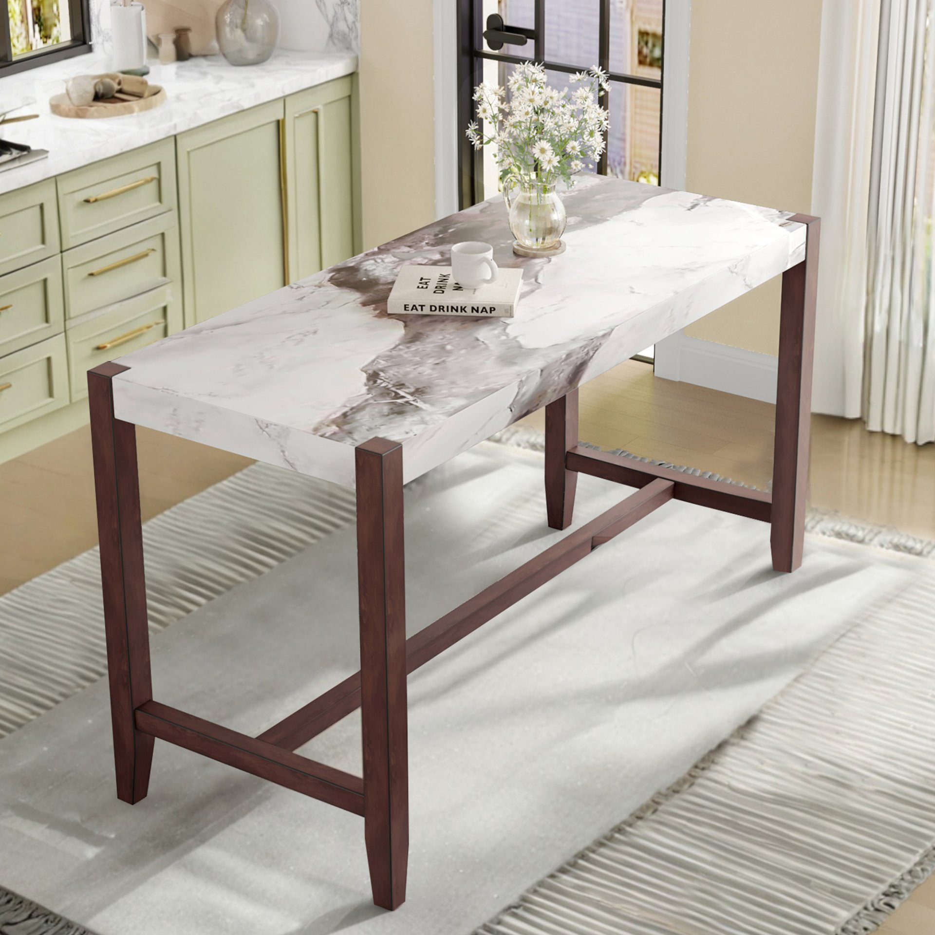 Counter Height Bar Table, Faux Marble Dining Table For Kitchen, Living Room, Or Balcony - White - Image 2