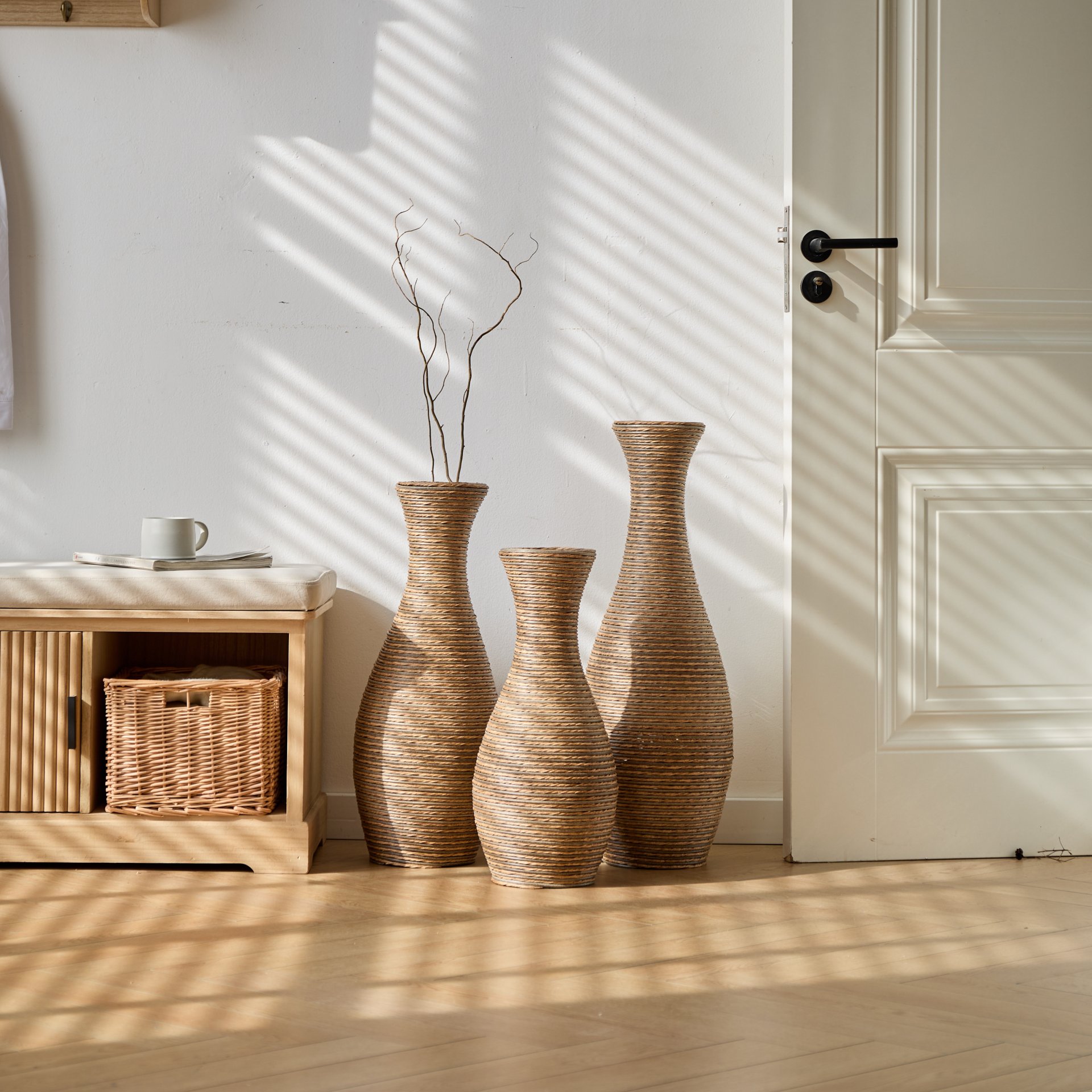 3 Piece Artificial Rattan Floor Vase Set Decorative Accent For Living Room, Hallway & Entryway, Ideal For Dried Or Silk Flower Arrangements - Beige - Image 4