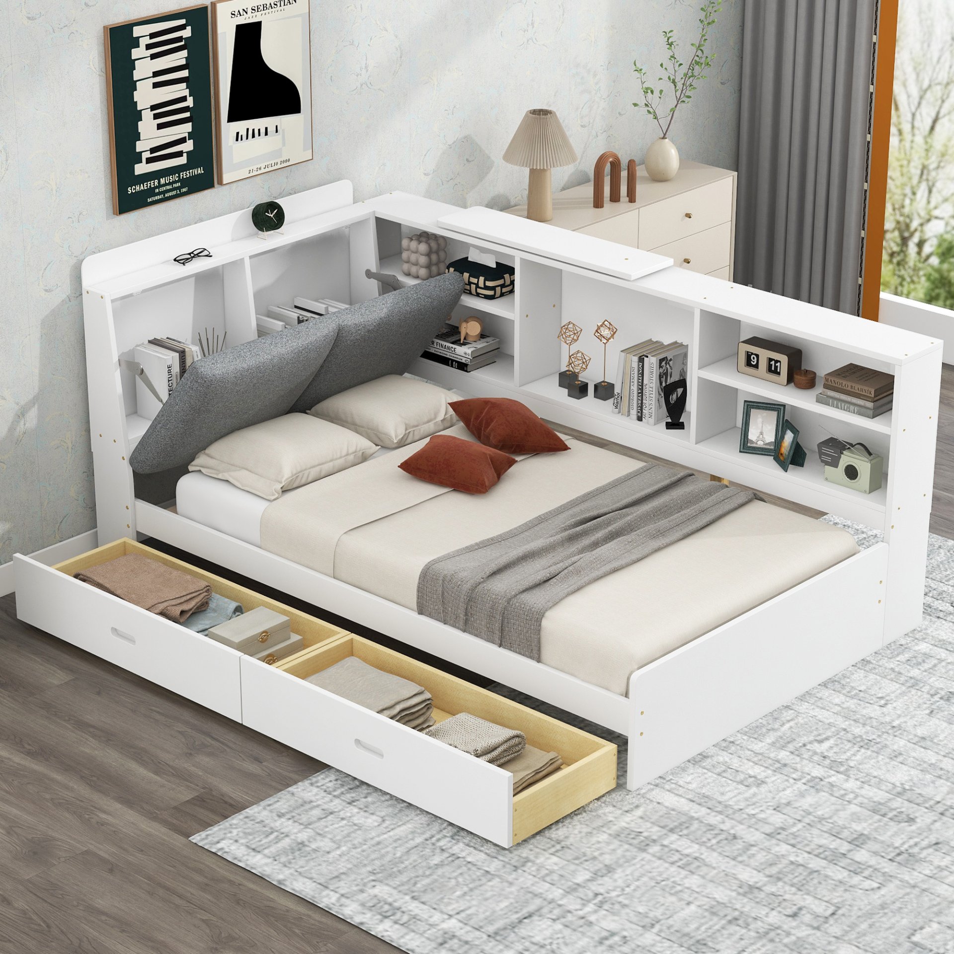Twin Size Platform Bed With Storage Headboard, Shelves And 2 Drawers - White - Image 4