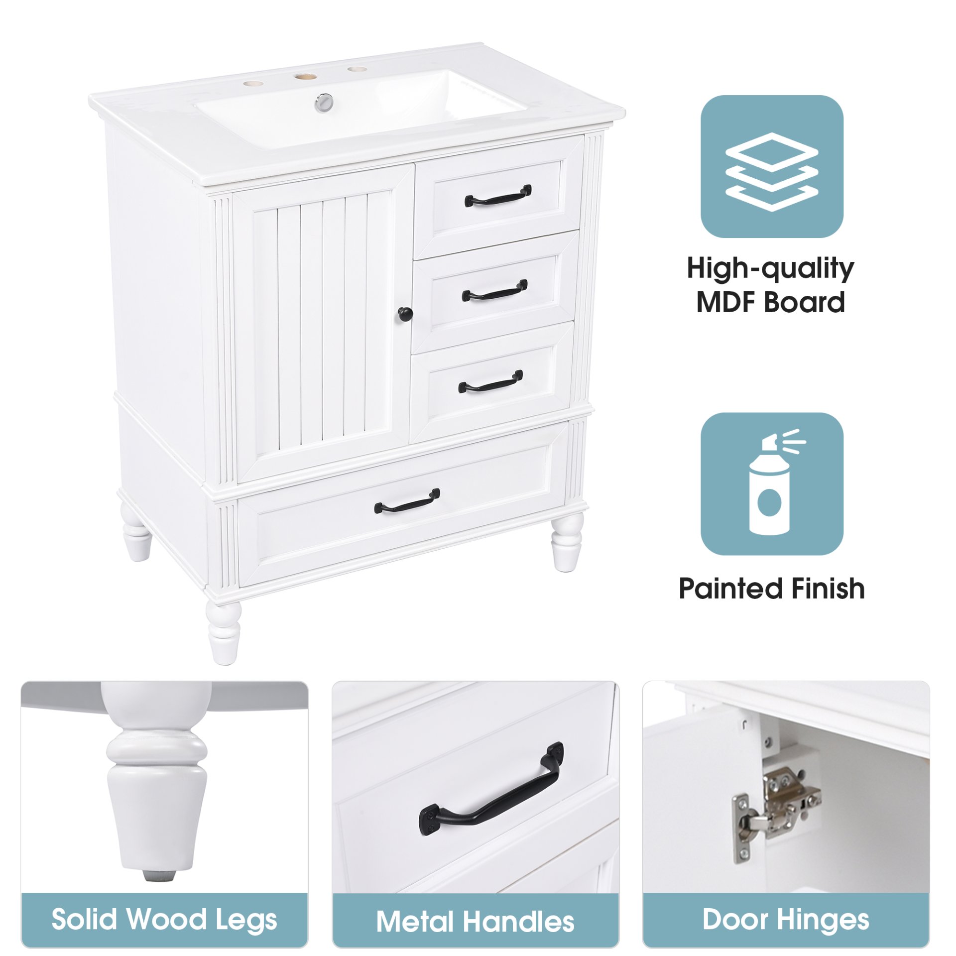30" Bathroom Vanity With Sink, 3 Drawers, Adjustable Feet - White - Image 9