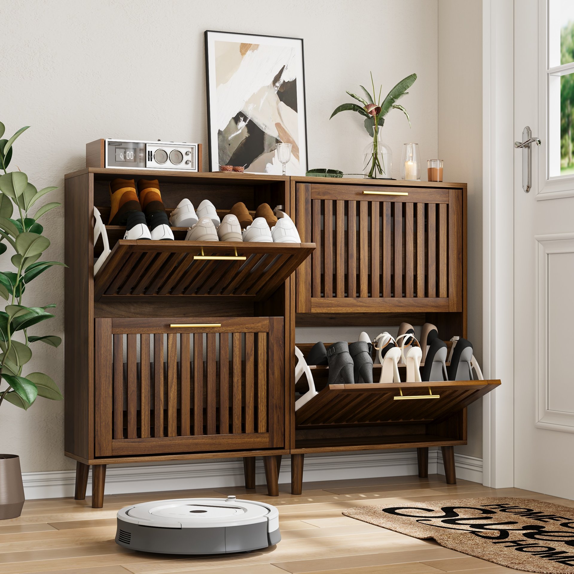 Medieval - Modern Shoe Cabinet With 2 Flip Drawers And Fence Design - Walnut - Image 5