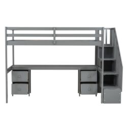 Twin Size Loft Bed Frame With Built In Desk And Double Storage Drawers - Gray