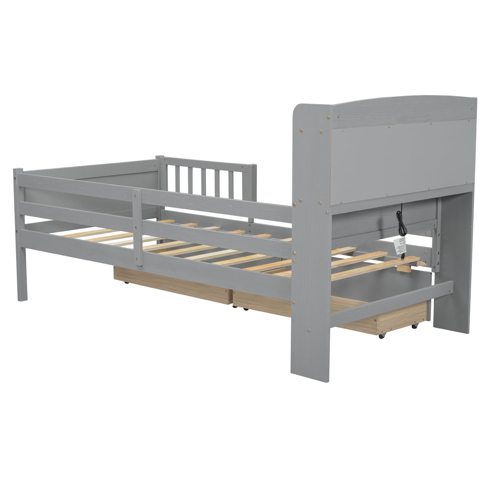 Twin Size Platform Bed With LED Light, Multi Functional Headboard, Guardrail And 2 Drawers - Gray - Image 13