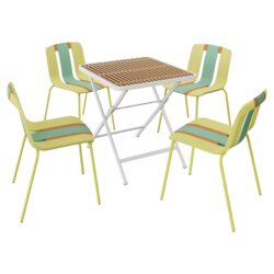 4 Piece Set Of Striped Color Blocking Single Chairs With Folding Square Table - Grain Yellow / Haze Green / Khaki / Tropical Orange / White